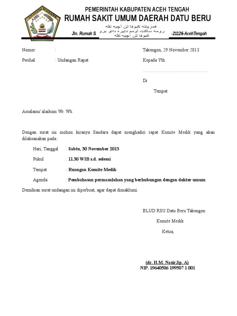 Contoh Surat Undangan Rapat Komite