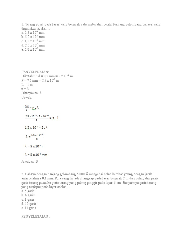 Soal Dan Pembahasan Gelombang Cahaya