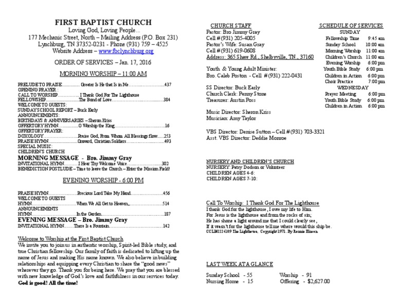 First Baptist Church Bulletin 11716 Christian Behaviour And