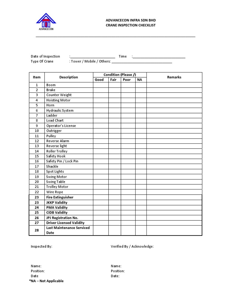 Crane Inspection Checklist Rev PDF