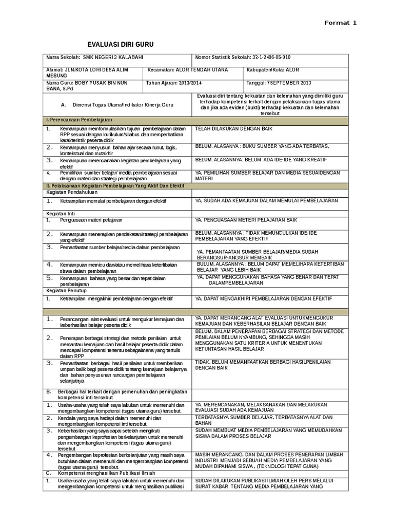Format 1dan 2 - Evaluasi Diri Guru Dan PKB | PDF