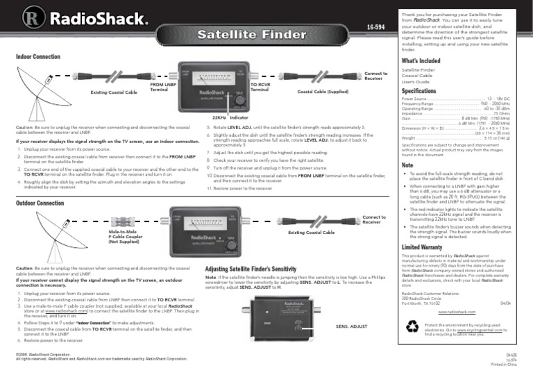 Analog Satellite Finder User Guide Coaxial Cable Broadcast Engineering