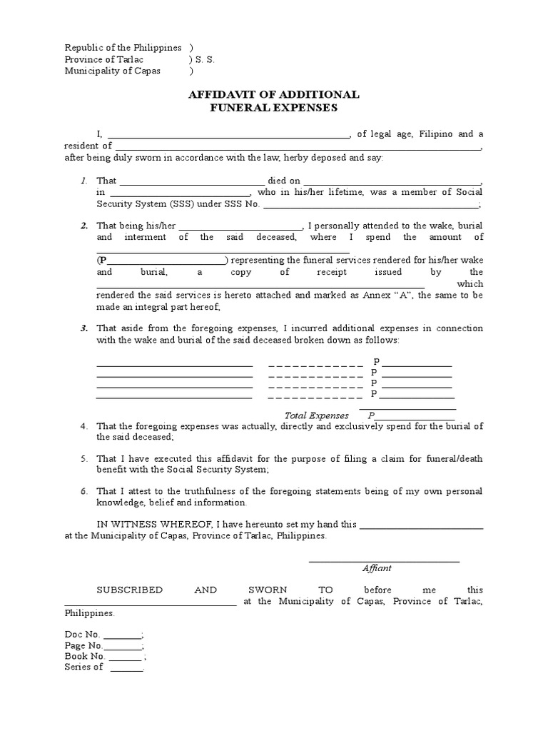 Affidavit of Additional Funeral Expenses | PDF