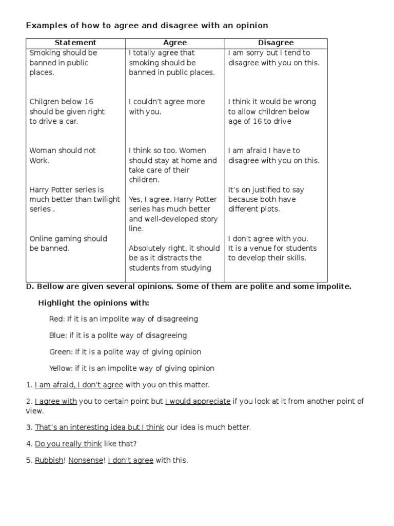 Agreeing and Disagreeing Examples | PDF | Psychological Concepts
