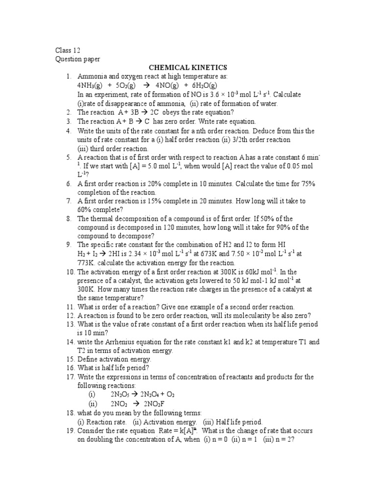 Class 12 Chemical Kinetics Questions | PDF