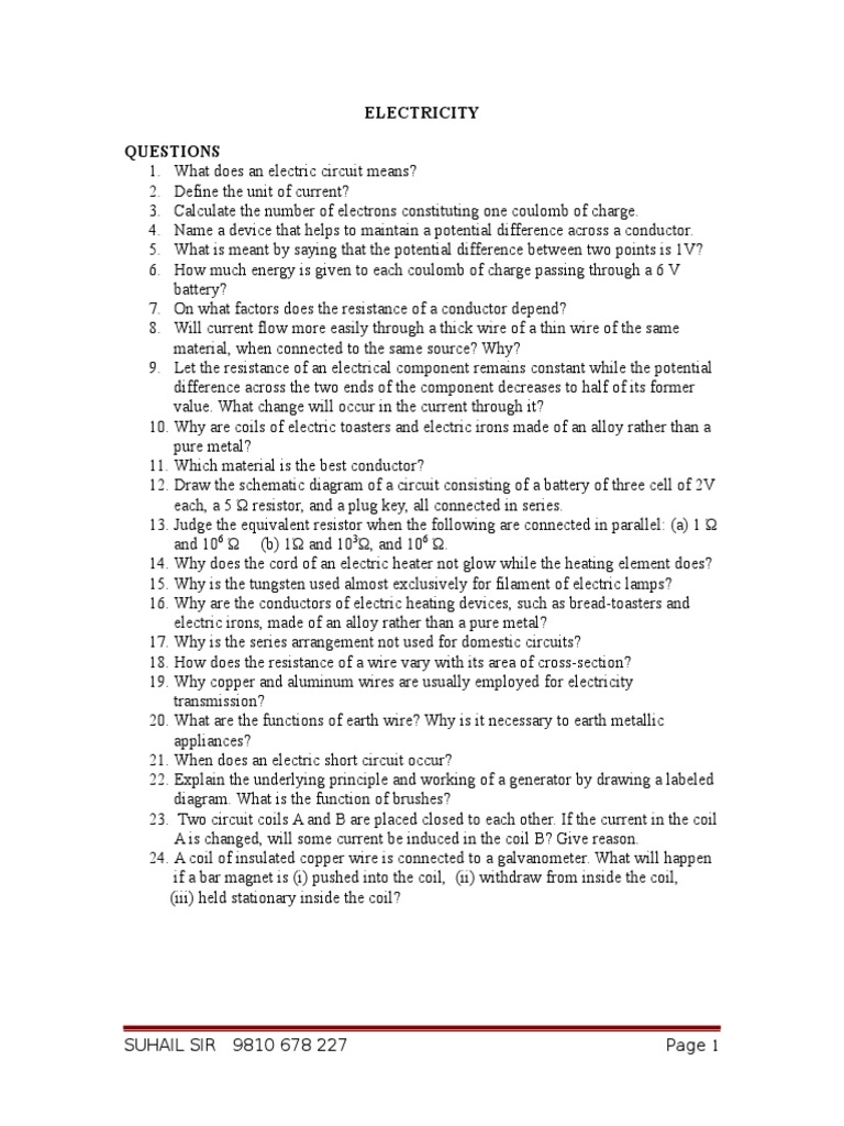 Electricity Questions PDF