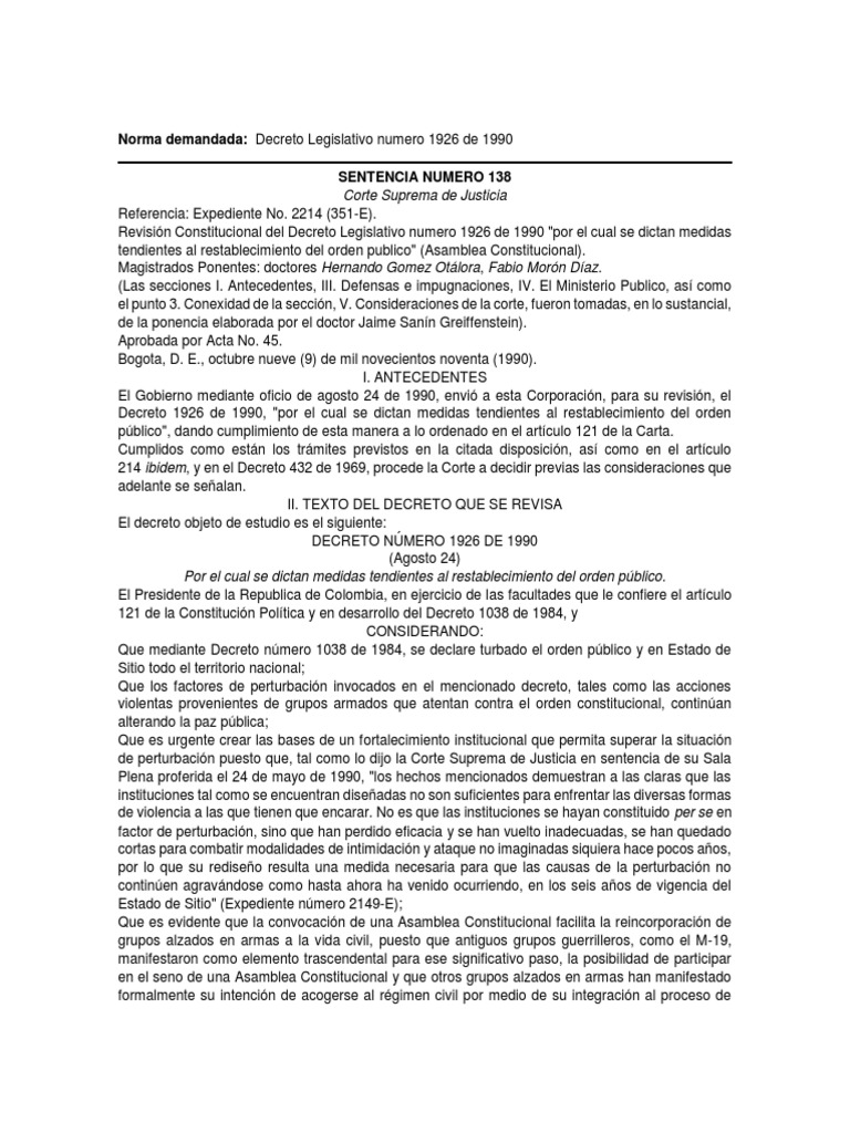 Sentencia 138 1990 de La CSJ | PDF | Constitución | Democracia