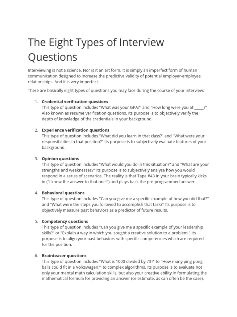 The Eight Types Of Interview Questions Pdf Validity Statistics Competence Human Resources