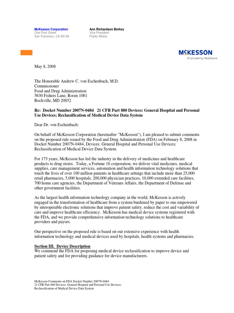 McKesson Letter of FDA's Proposed Medical Device Data Systems Rule ...