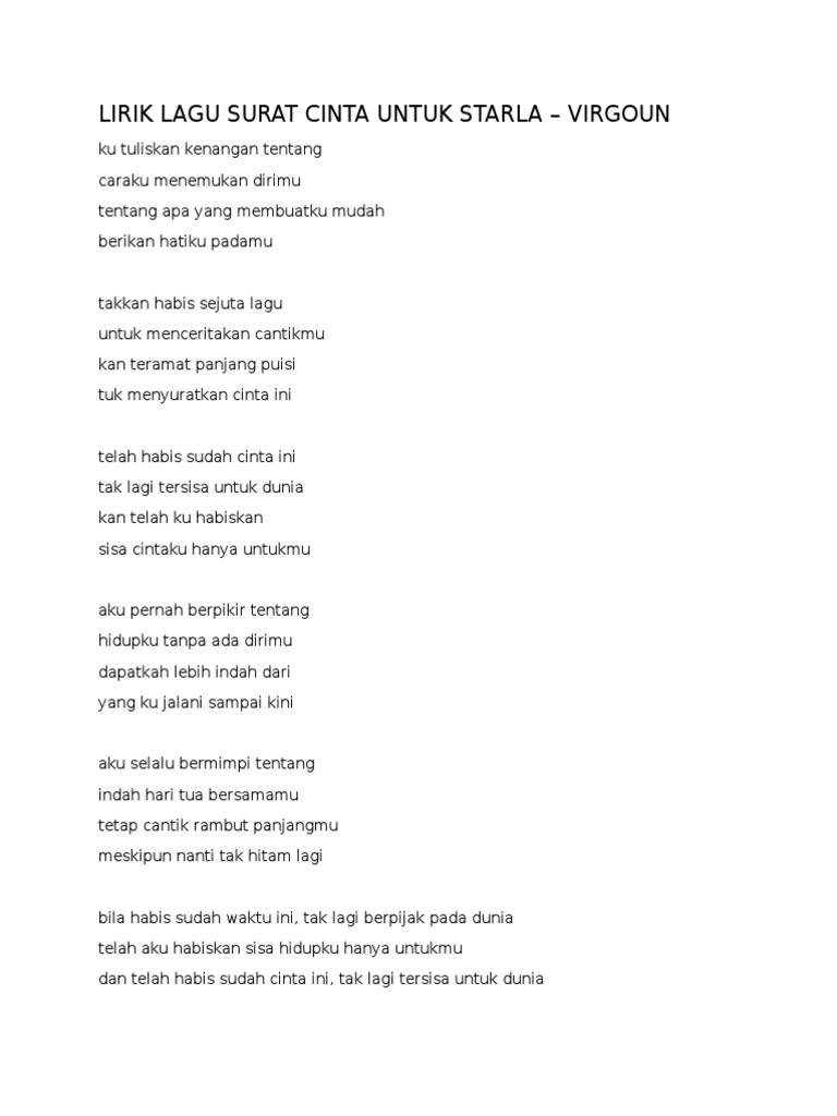 Lirik Lagu Surat Cinta Untuk Starla
