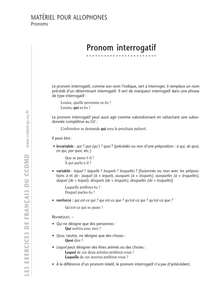 Déterminant Ou Pronom Exercice Pdf Pronoms Interrogatifs | PDF | Pronom | Onomastique