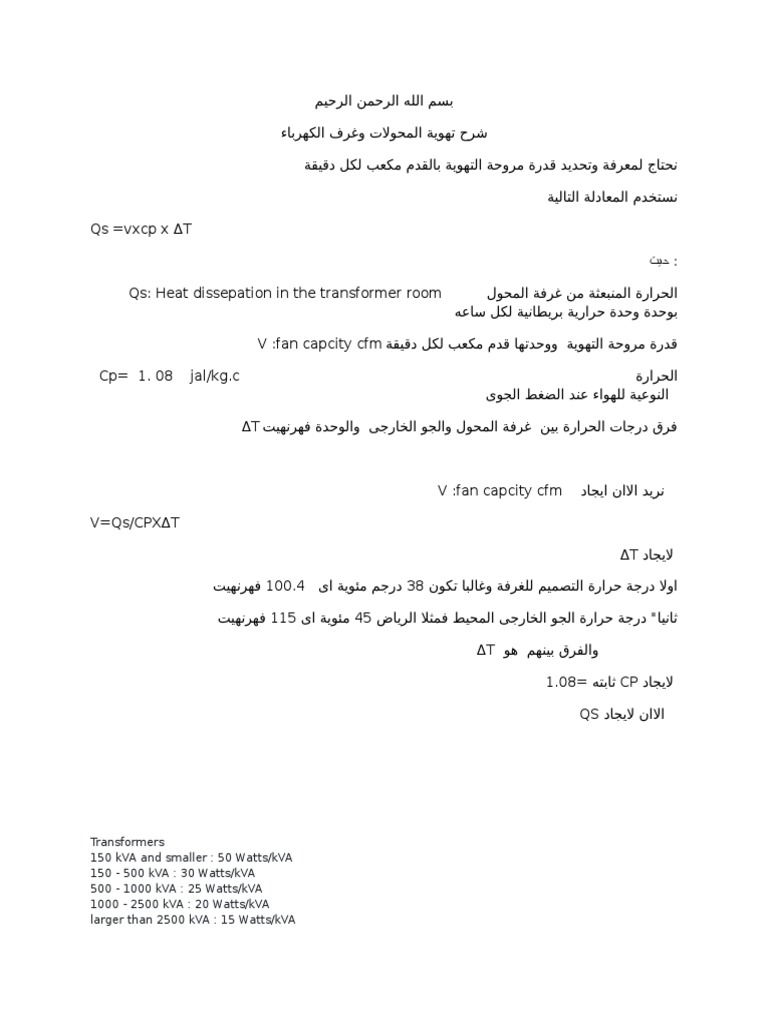 شرح تهوية غرفة المحولات