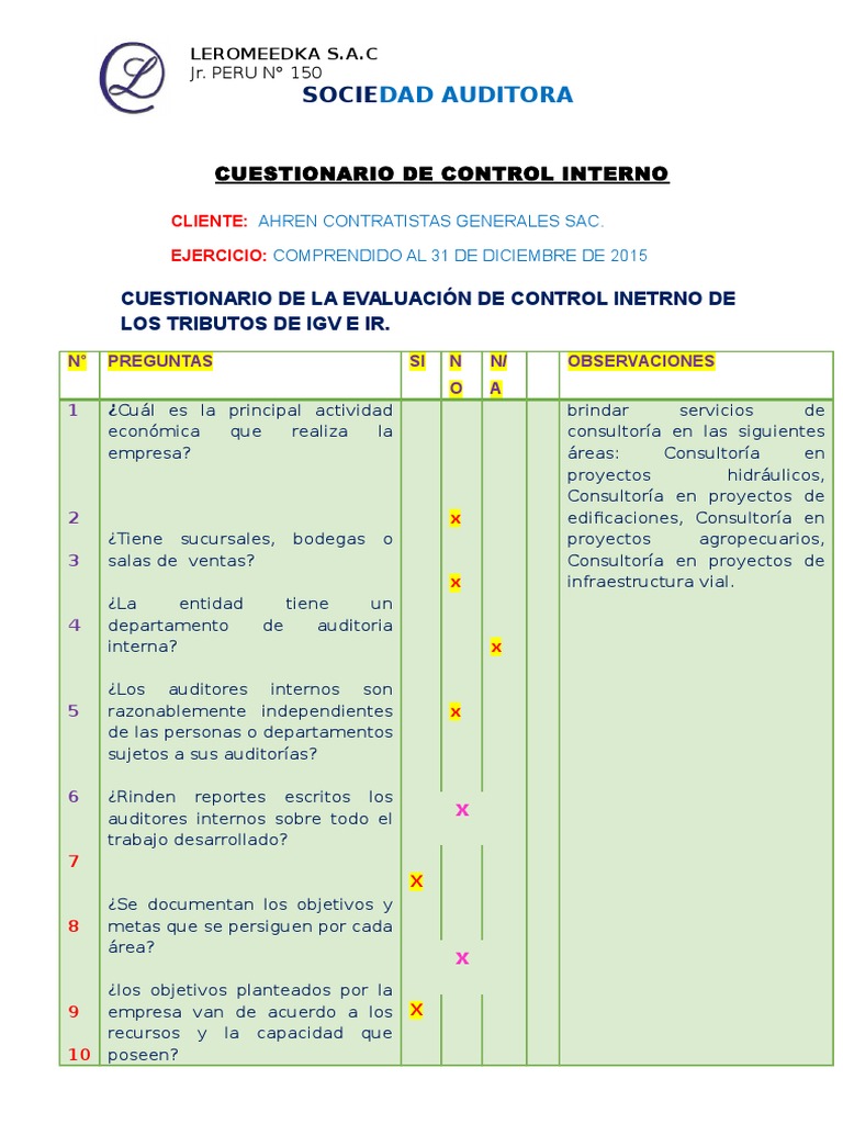 Cuestionario de Control Interno | PDF | Cuestionario | Impuestos