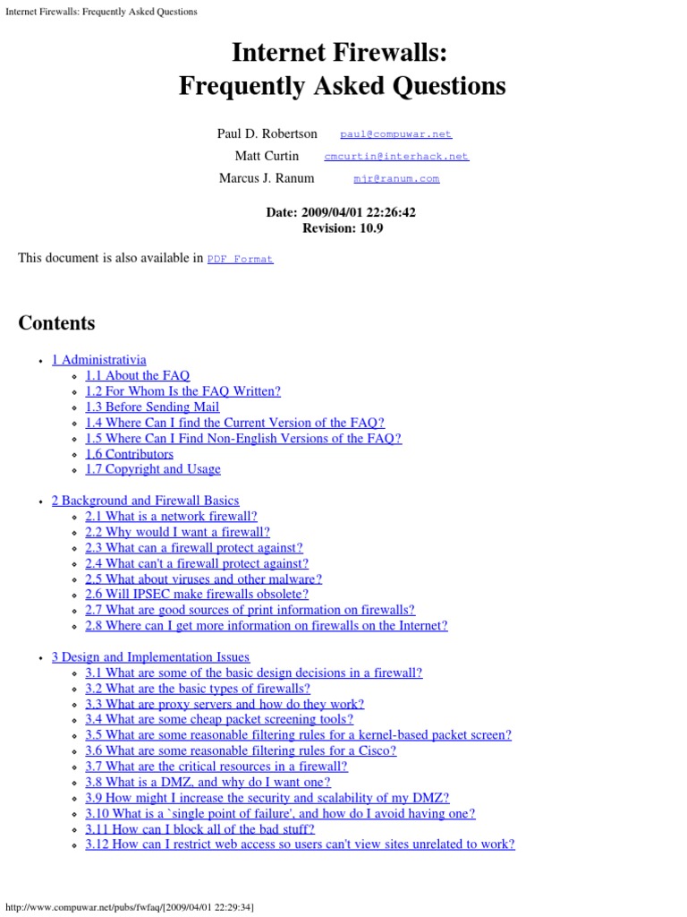 Internet Firewalls: Frequently Asked Questions: Paul D. Robertson Matt ...
