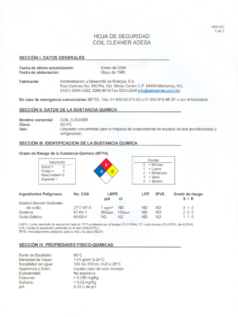 Hoja de Seguridad COIL CLEANER