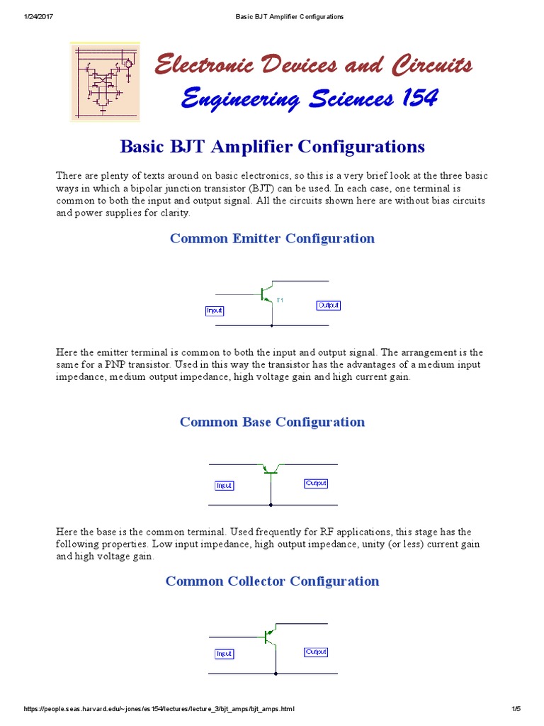 Basic BJT Amplifier Configurations PDF Bipolar Junction Transistor