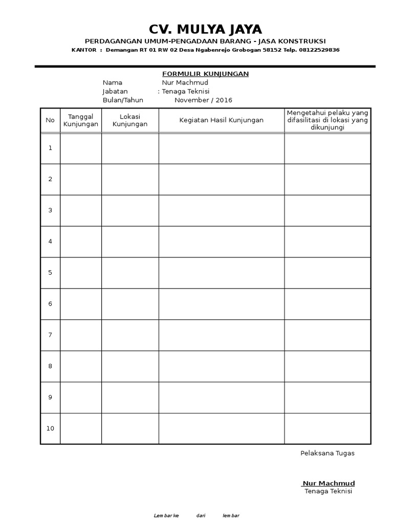 Formulir Laporan Kunjungan Kerja | PDF