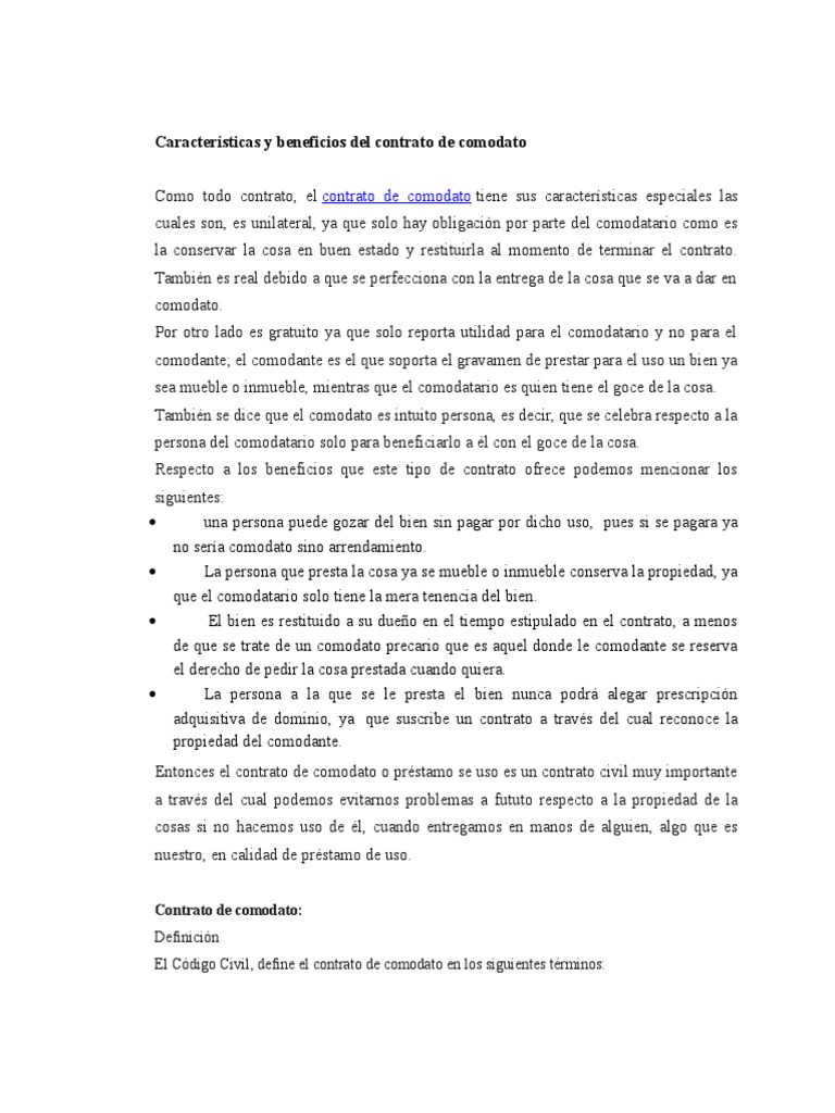 Características y Beneficios Del Contrato de Comodato