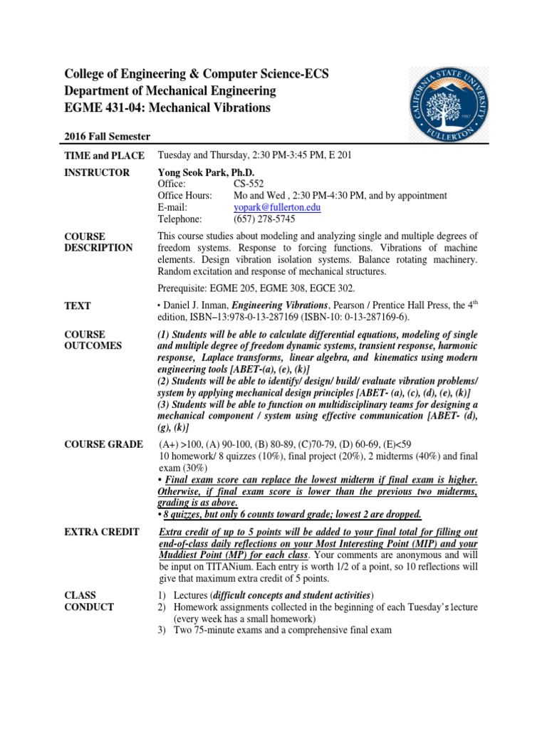 Syllabus Engineering Vibration (EGME431) | PDF | Academic Dishonesty ...