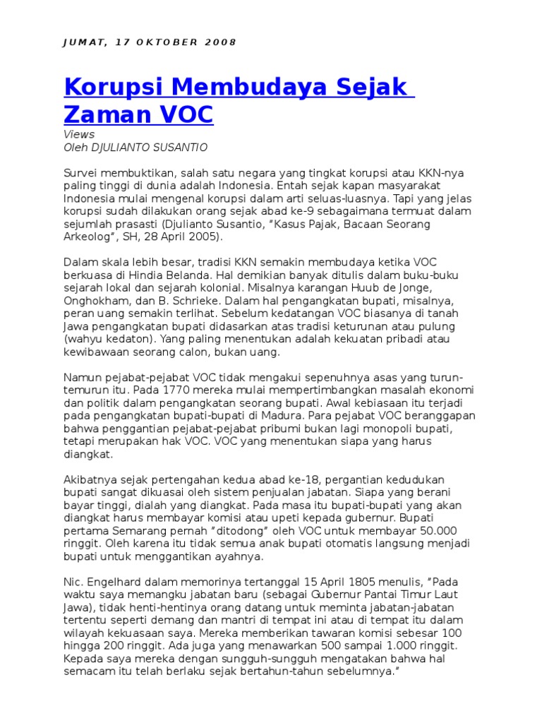 Salah Satu Faktor Penyebab Bangkrutnya Voc Adalah Berbagai Sebab