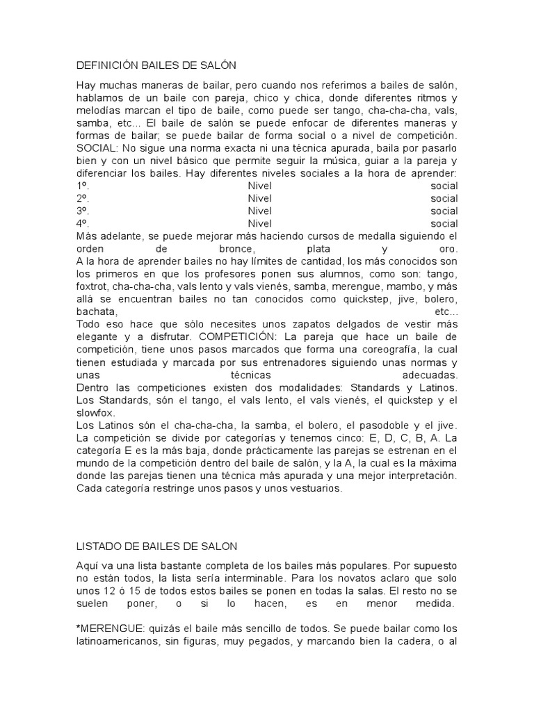 Tipos y Definición de Bailes de Salón | PDF | Baile de salón | Valses