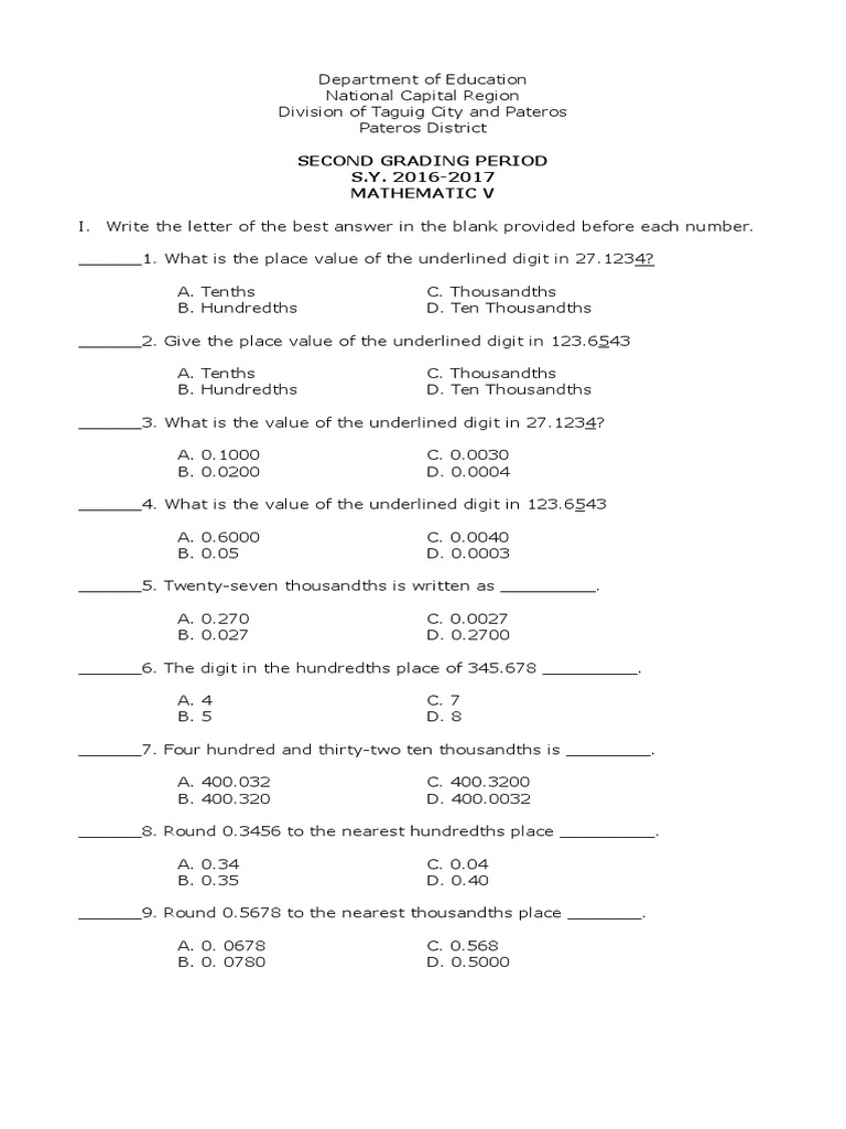 Worksheet Round To The Place Value Of The Underlined Digit second periodical test math v notation mathematical notation