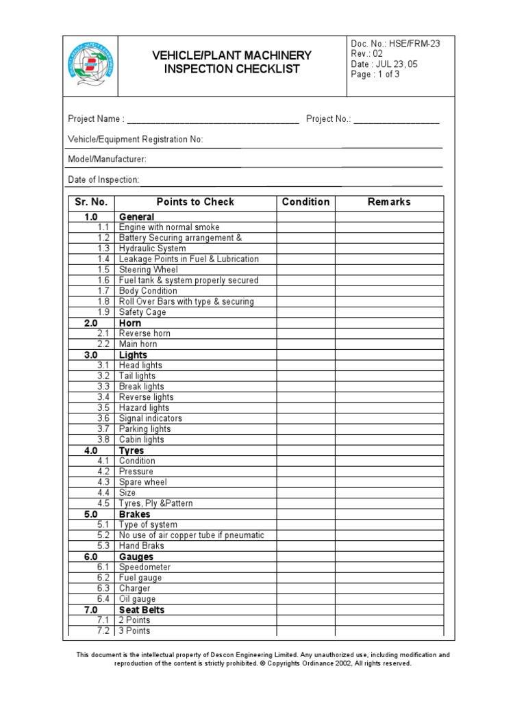 HSE FRM23 Vehicle Plant Machinery Inspection Checklist PDF