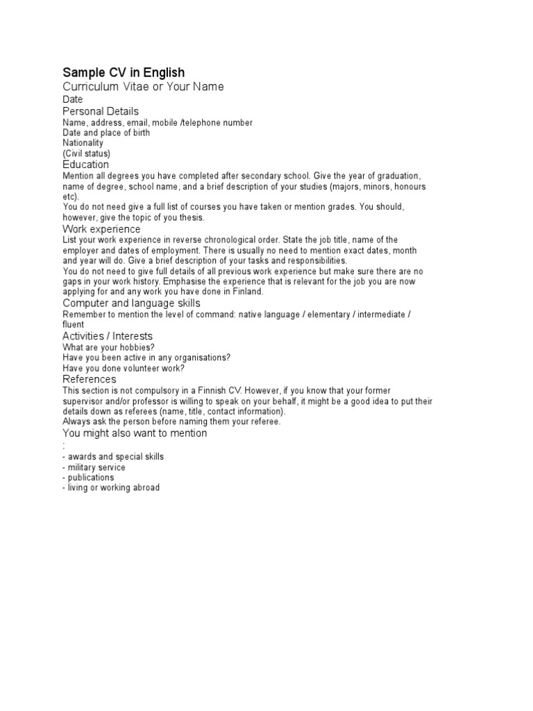 Sample CV in English PDF