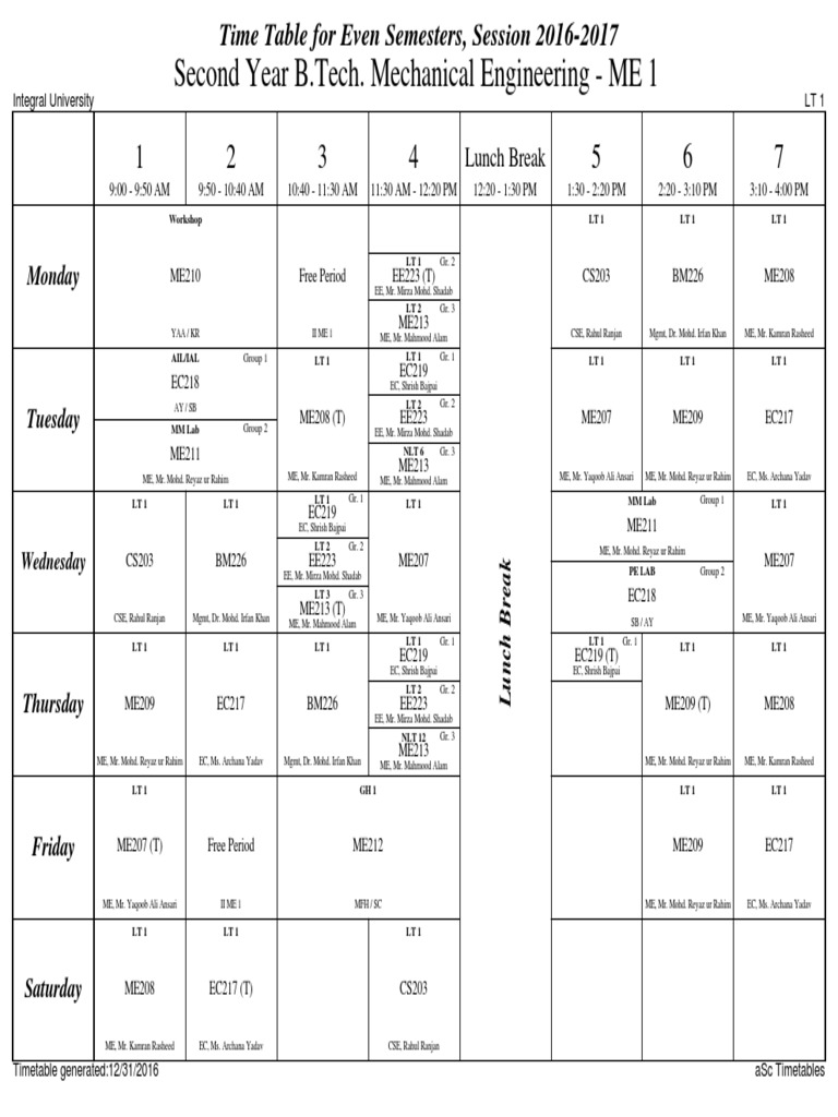 B.Tech Mechanical Engineering Timetable | PDF | Science And Technology ...