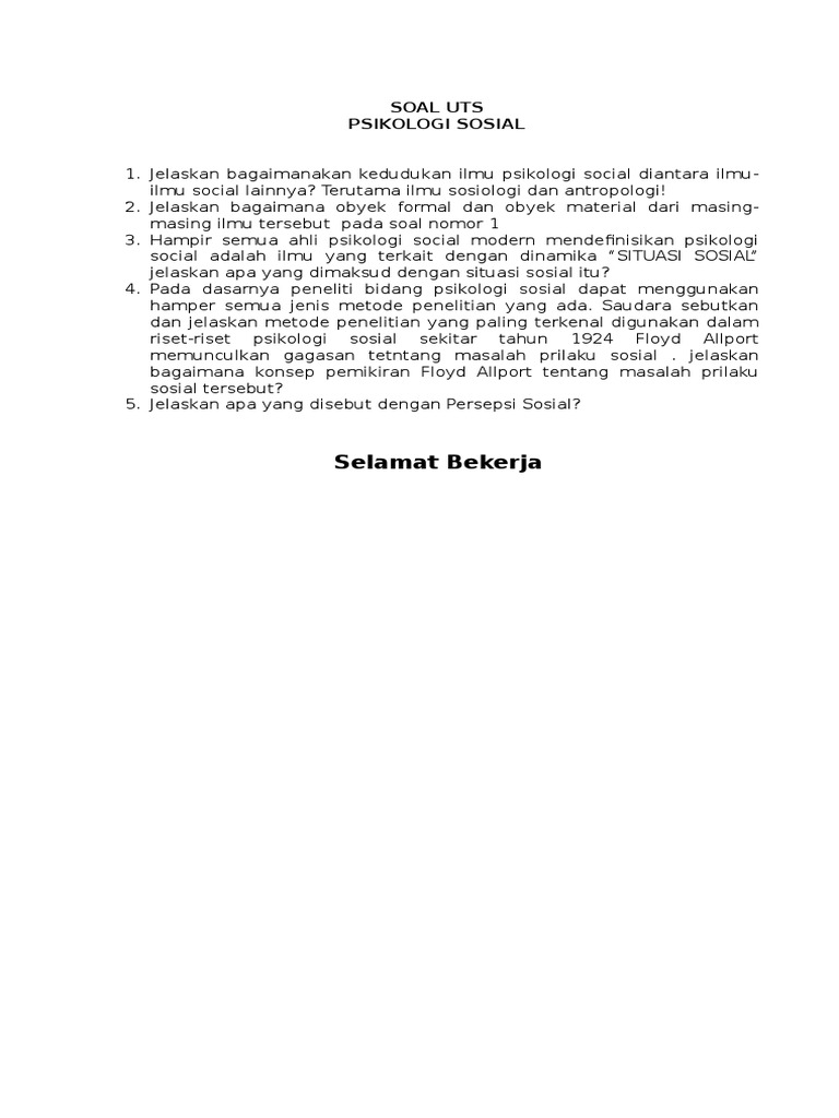 Soal Uts Psikologi Sosial