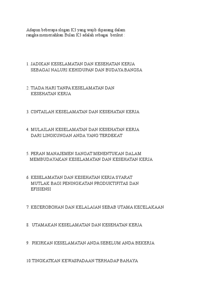 Slogan K3 untuk Bulan Keselamatan | PDF