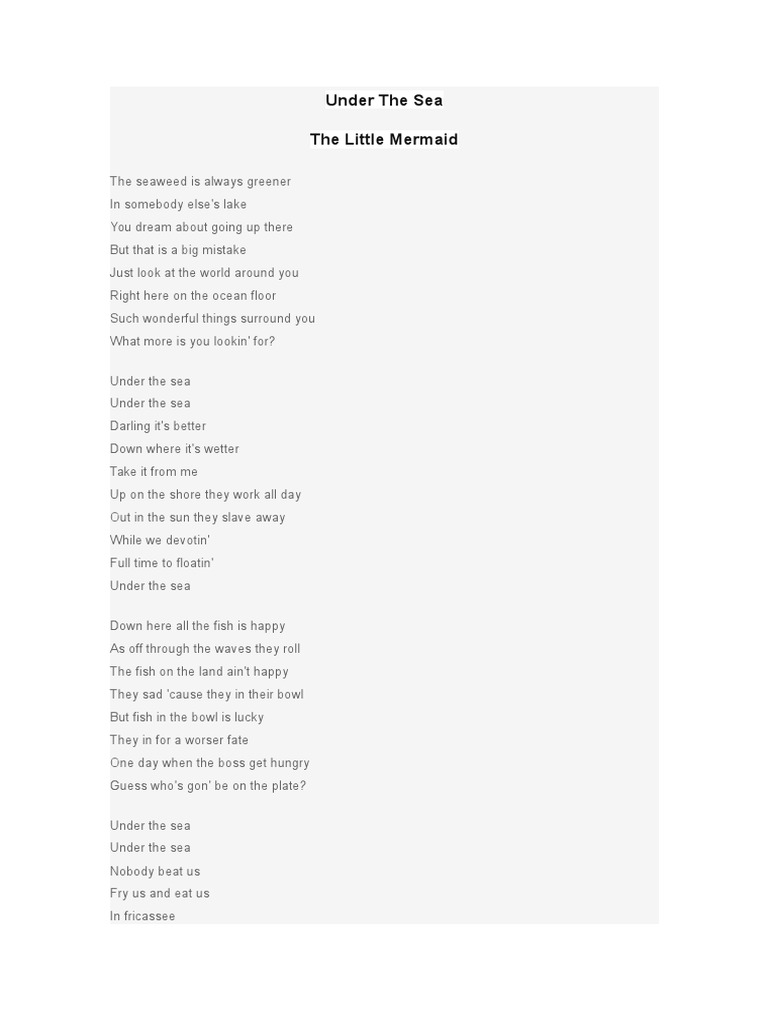 Under the Sea Lyrics from The Little Mermaid | PDF