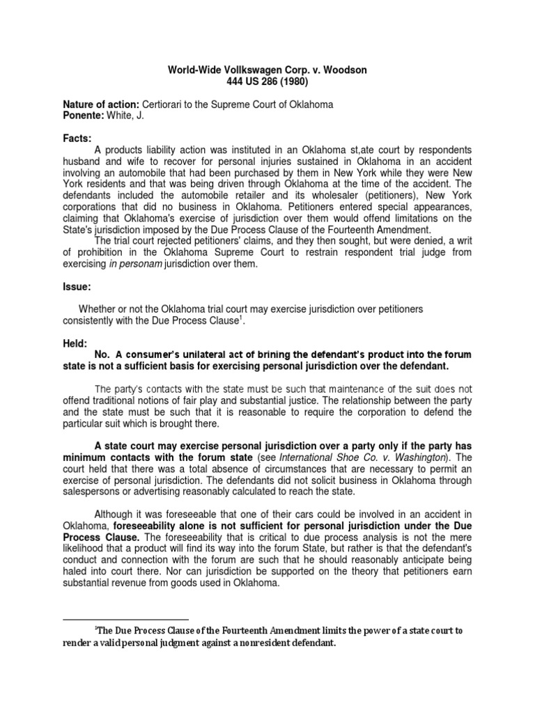 World-Wide Volkswagen Corp. v. Woodson | Personal Jurisdiction