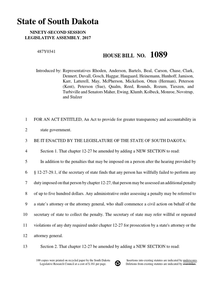 State of South Dakota House Bill No PDF Complaint Social