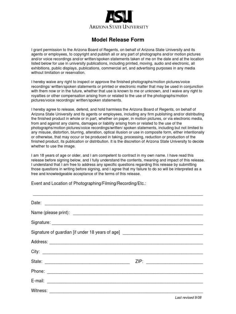 Arizona State University Model Release Form | PDF