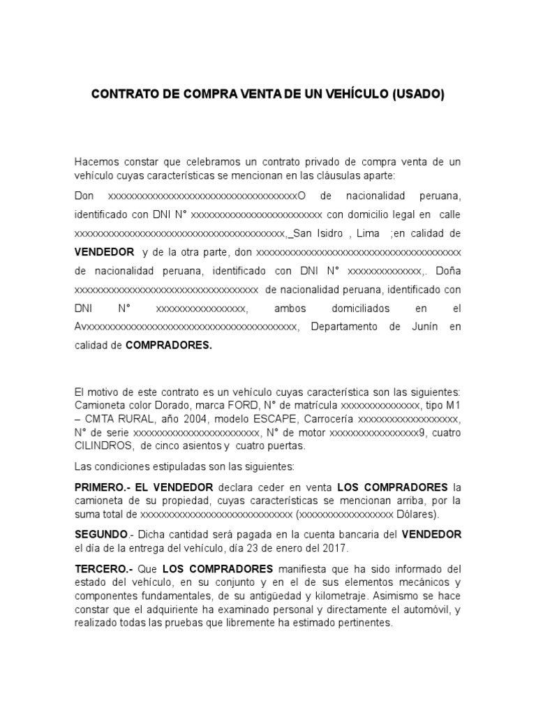 Contrato Privado de Compra Venta de Un Vehículo Modelo | PDF | Vehículos de  ruedas | Automóviles