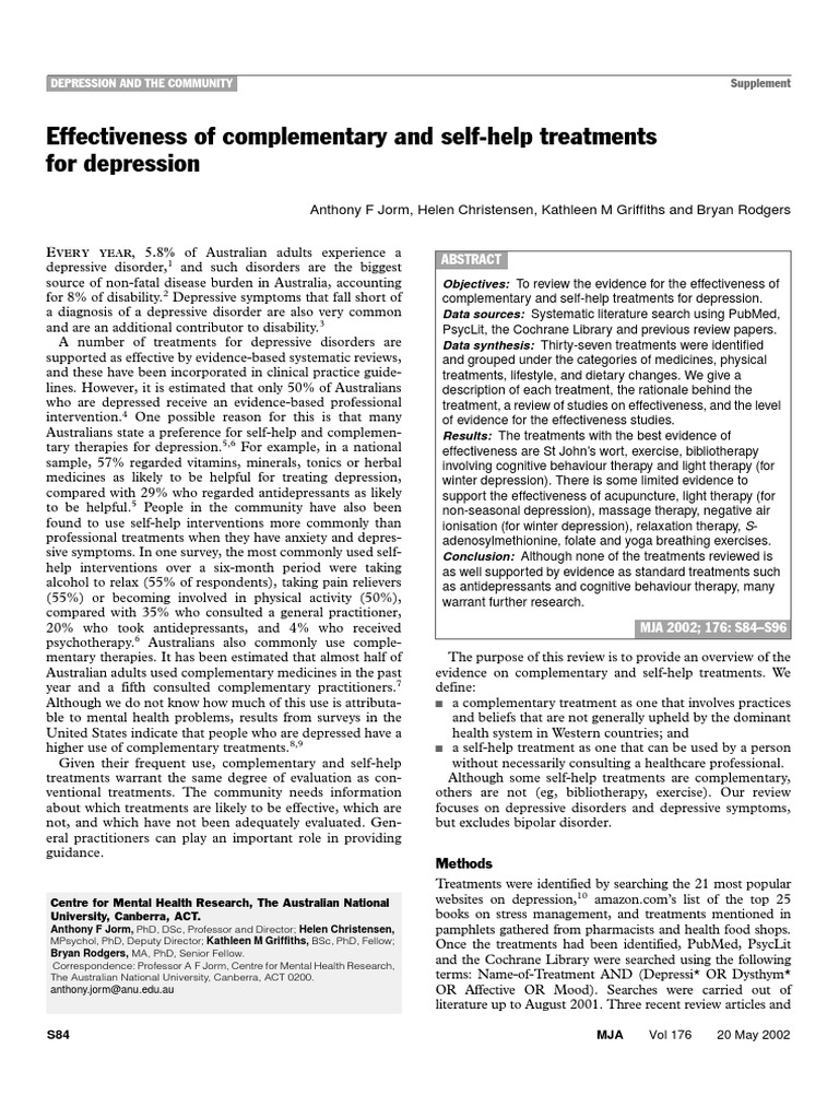 Effectiveness of Complementary and Self-Help Treatments For Depression ...