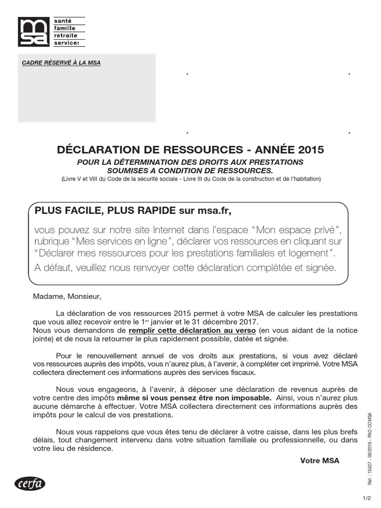 Déclaration de Ressources MSA 2015 | PDF | Retraite | Impôt sur le revenu