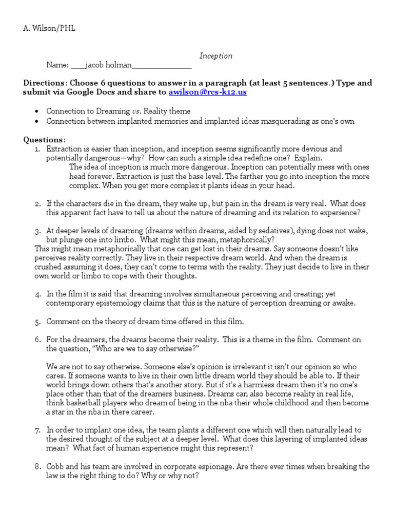 Inception Discussion Questions PDF Dream Reality