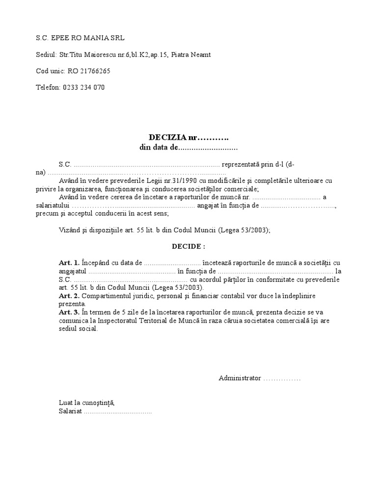 Decizie Incetare Contract de Munca Art 55 Lit B