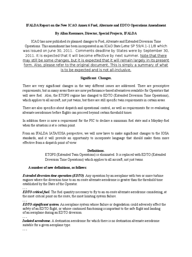 ICAO Annex 6 EDTO Fuel Operations Update | PDF | Aviation | Aeronautics