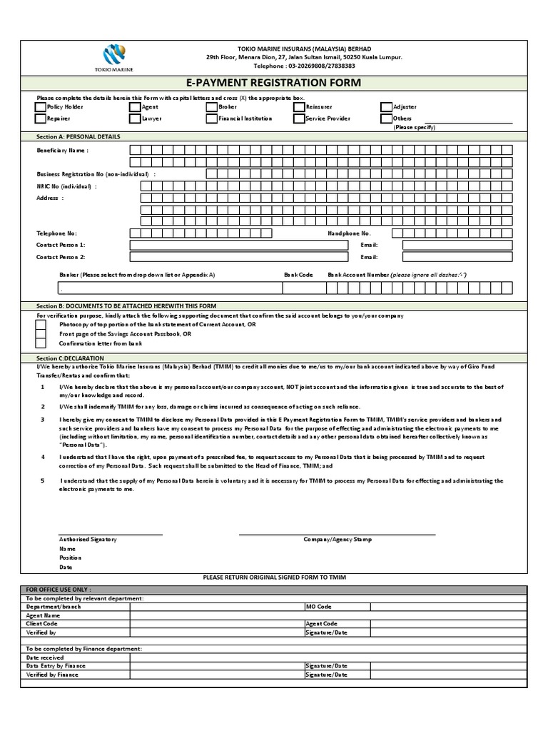 Tokio Marine - Epayment Reg Form | Personally Identifiable Information