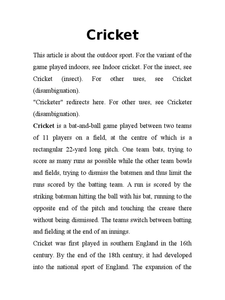 Cricket Cricket Is A BatAndBall Game Played Between Two Teams PDF