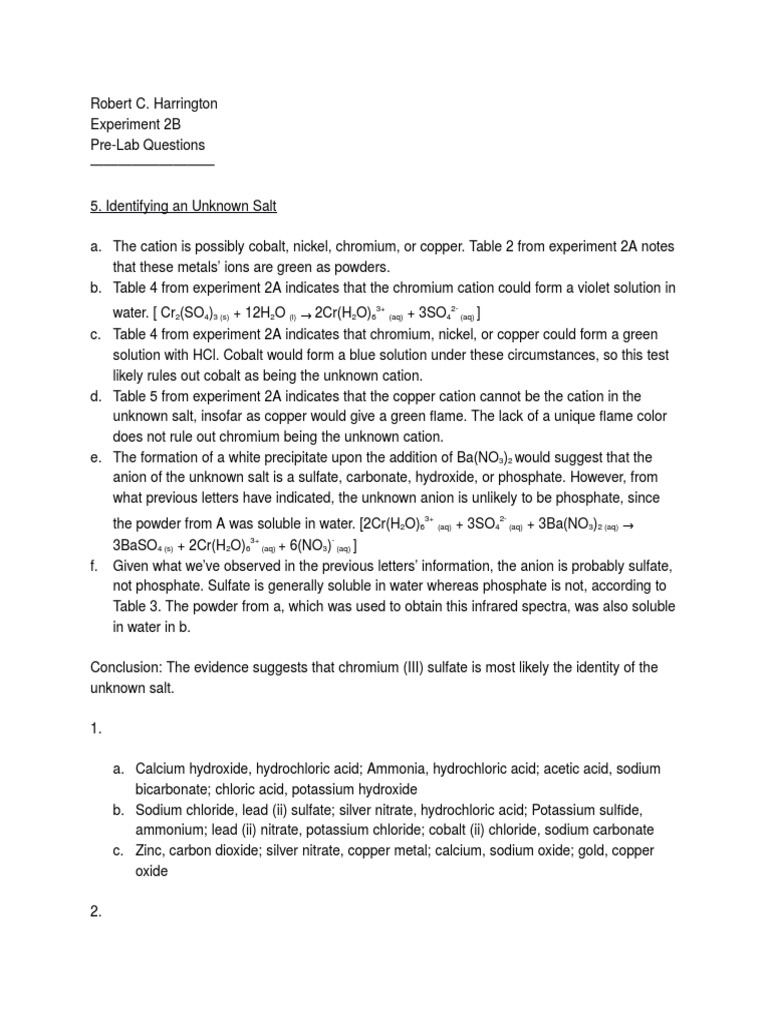 Chemistry Pre-Lab Analysis | PDF