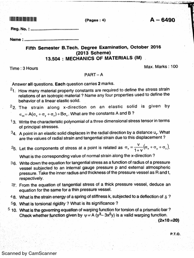Mechanics of Materials sample question paper