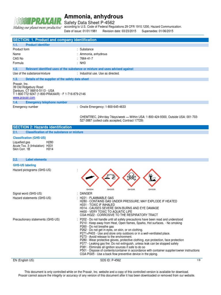 Ammonia NH3 Safety Data Sheet SDS P4562[11669] Personal Protective