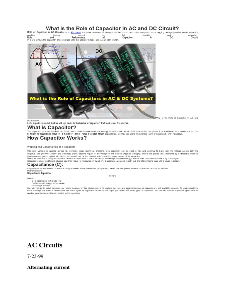 What Is The Role of Capacitor in AC and DC Circuit PDF Capacitor