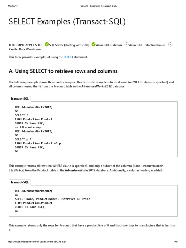 SELECT Examples (TransactSQL) Data Management Sql