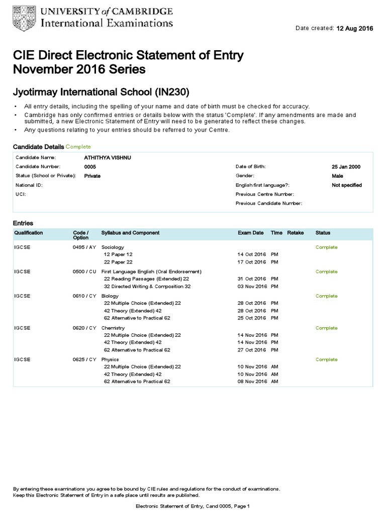 CIE Direct Electronic Statement of Entry PDF Test/Examination