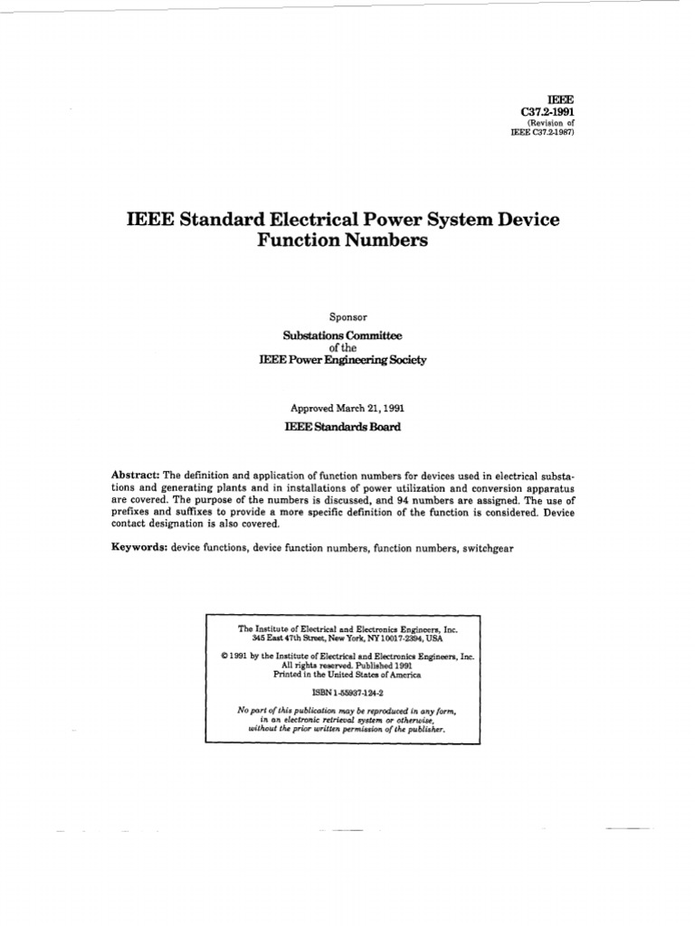 STD C37.2 1991 IEEE Standard Electrical Power System Device